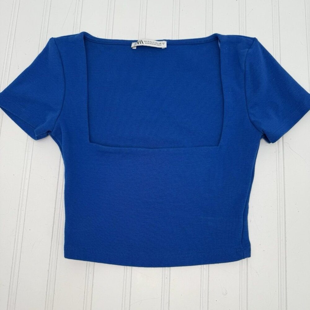 Zara Blue Square Neck‎ Crop Knit Top Size Small Short Sleeve Festival